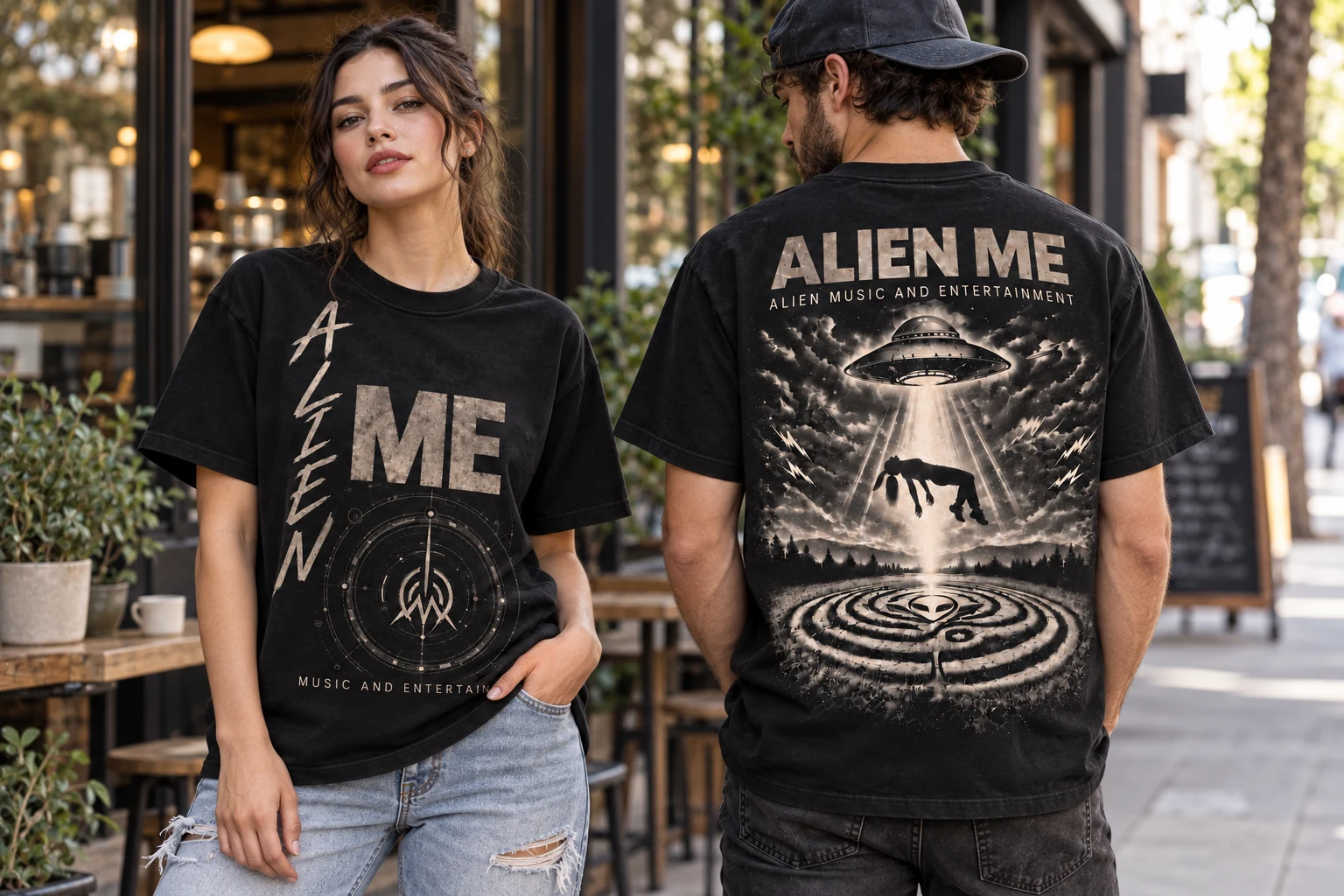 Two adult models wearing the black Abduction Tee outdoors, showing its weathered tan-gray front print and UFO back artwork