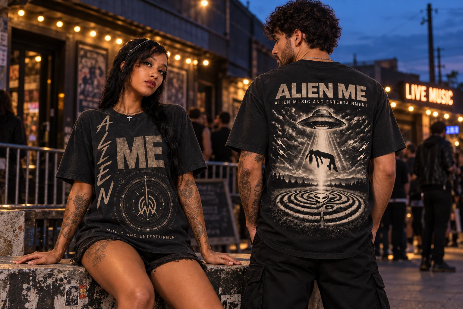 A seated female model and a standing male model wearing the black Abduction Tee outside a venue at dusk, showing front and back