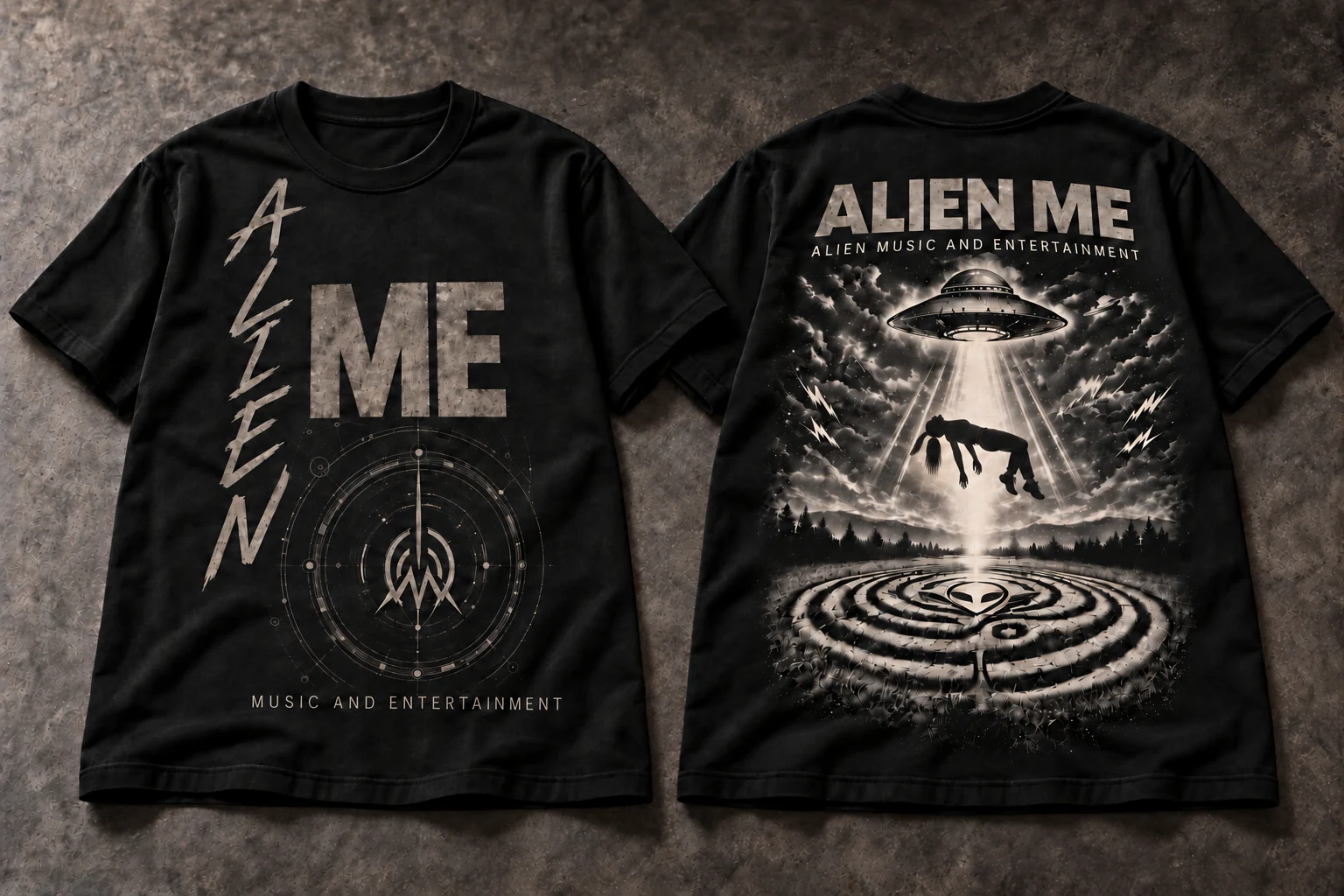 Black Abduction Tee, front and back, with weathered tan-gray front lettering and a relaxed floating woman with two pigtails beneath the UFO on the back