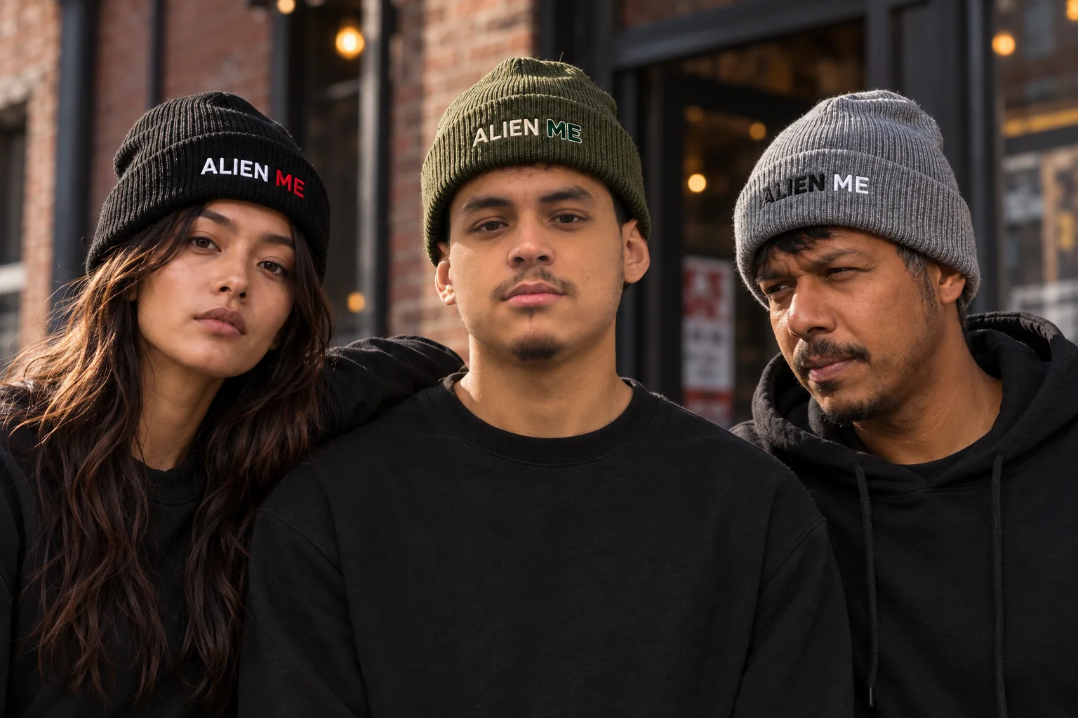 The three approved ALIEN ME models wear the Black, Olive and Gray Signal Beanies with their matching embroidery.
