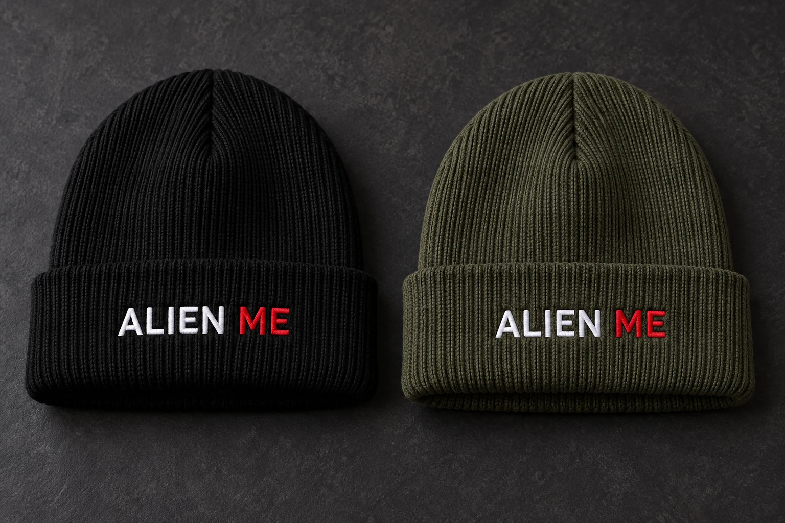 Black and muted olive ribbed cuff beanies with ALIEN embroidered in white and ME in red