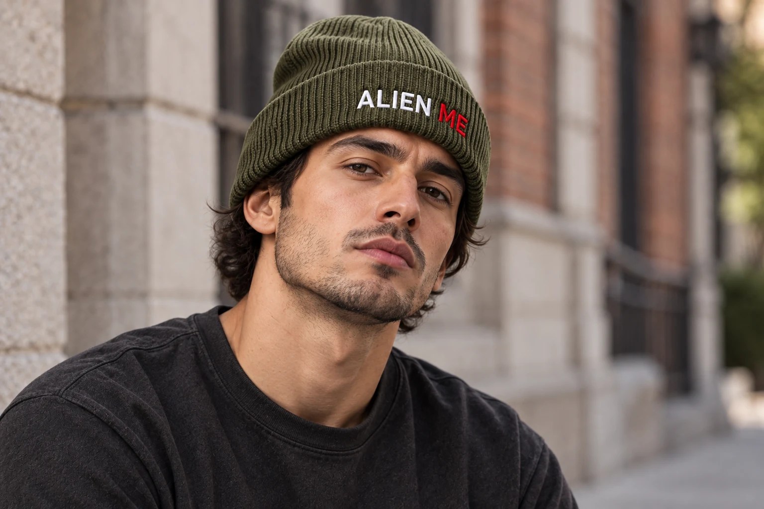 An adult male model wearing the muted olive ALIEN ME cuff beanie outdoors with a plain unbranded top