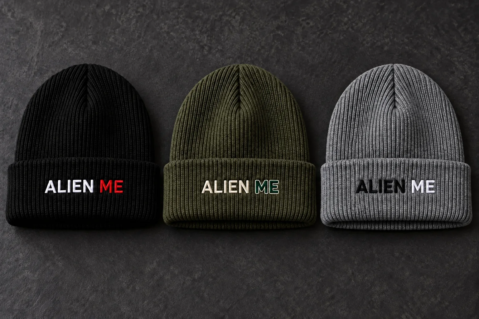Black, olive green and heather gray ALIEN ME ribbed Signal Beanies with contrasting embroidered lettering