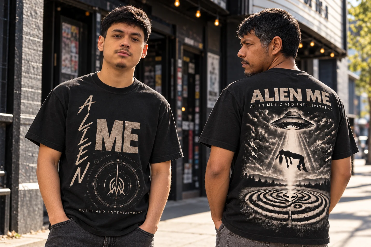 Two approved male models show the front lettering and UFO back artwork of the Close Encounter Tee in Noir.
