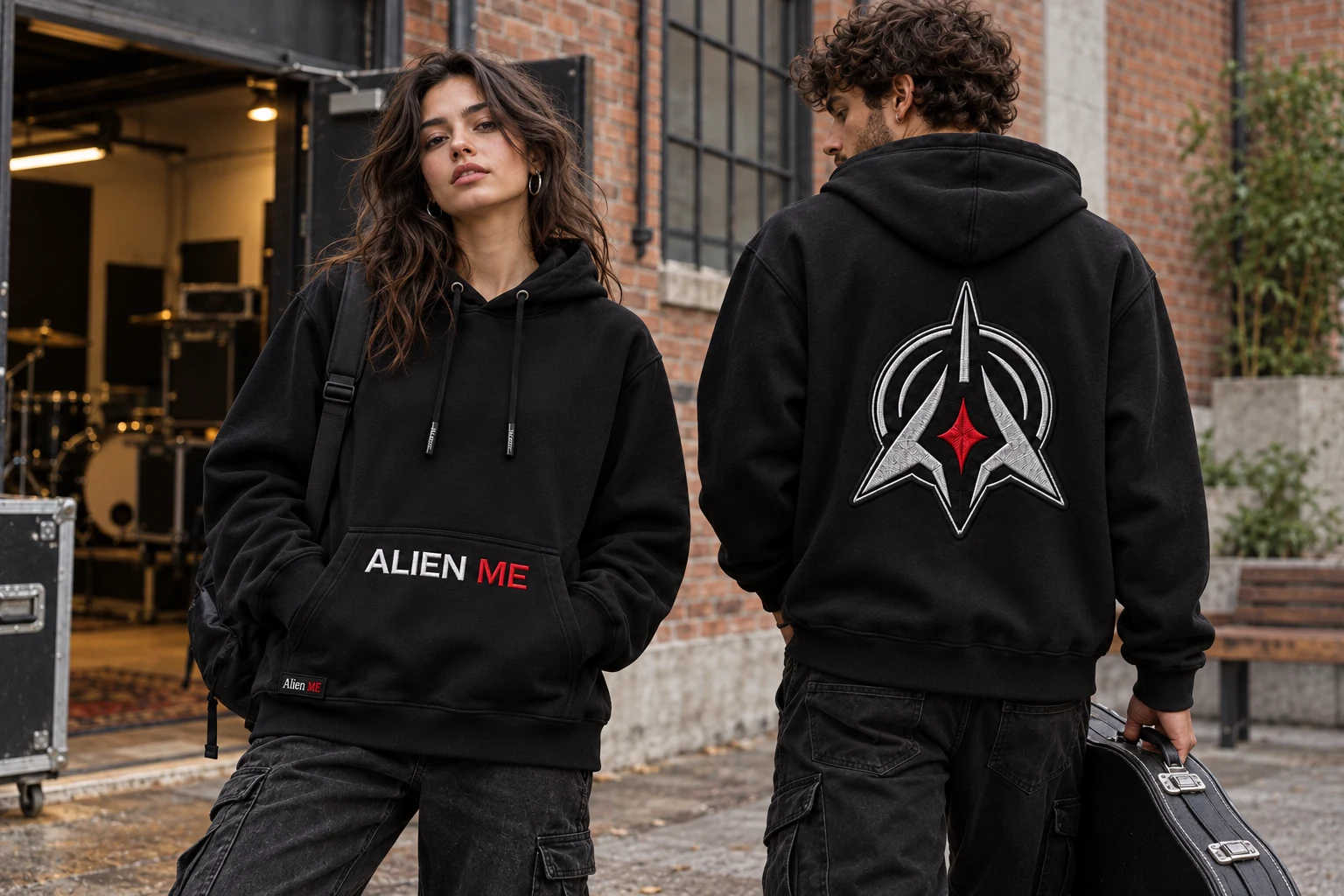 Two adult models wearing the black AM Emblem Hoodie outside a brick building, showing pocket lettering and back emblem