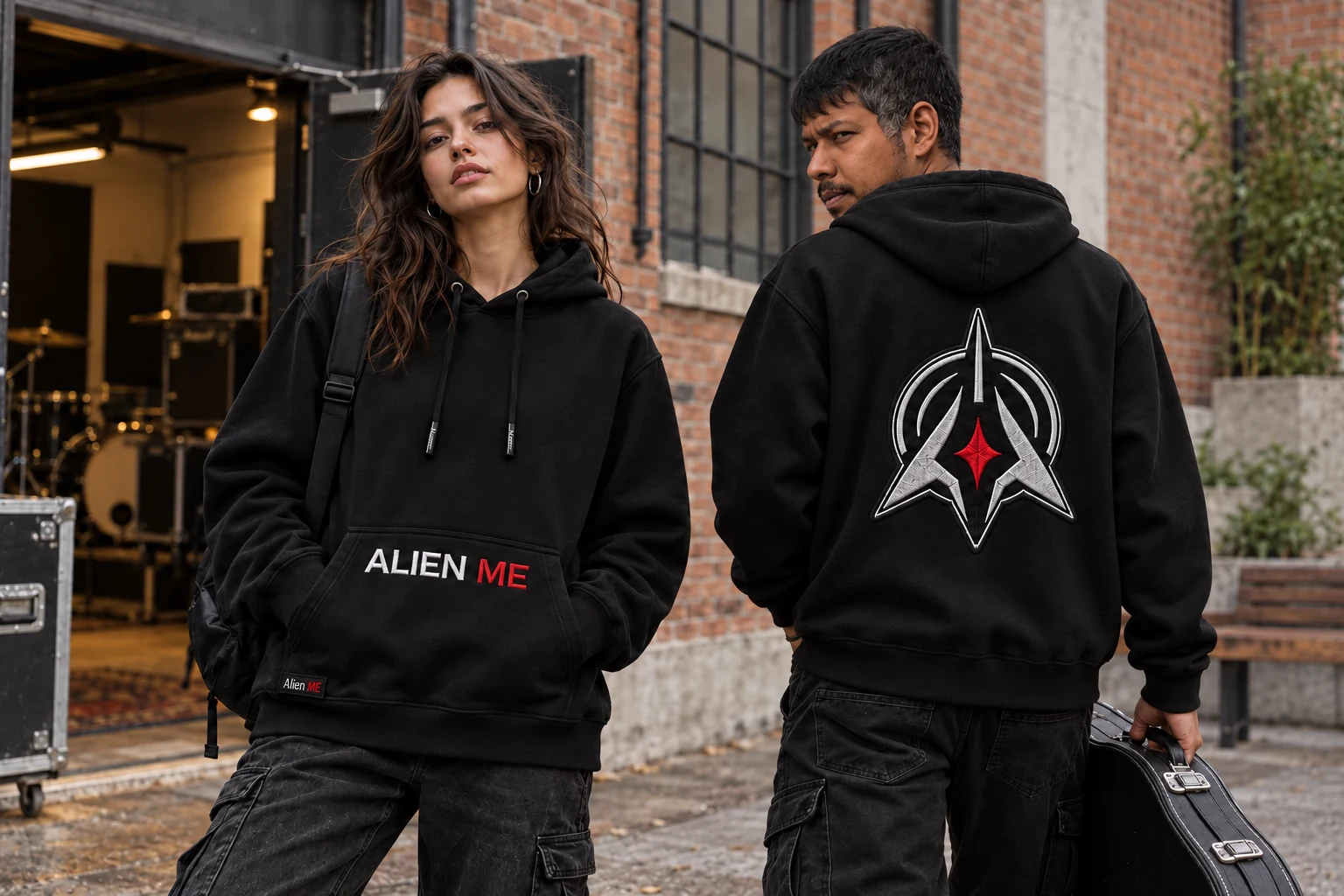 Female and male models wearing black AM Emblem Hoodies outside a brick venue, showing the ALIEN ME pocket wordmark and embroidered back emblem.