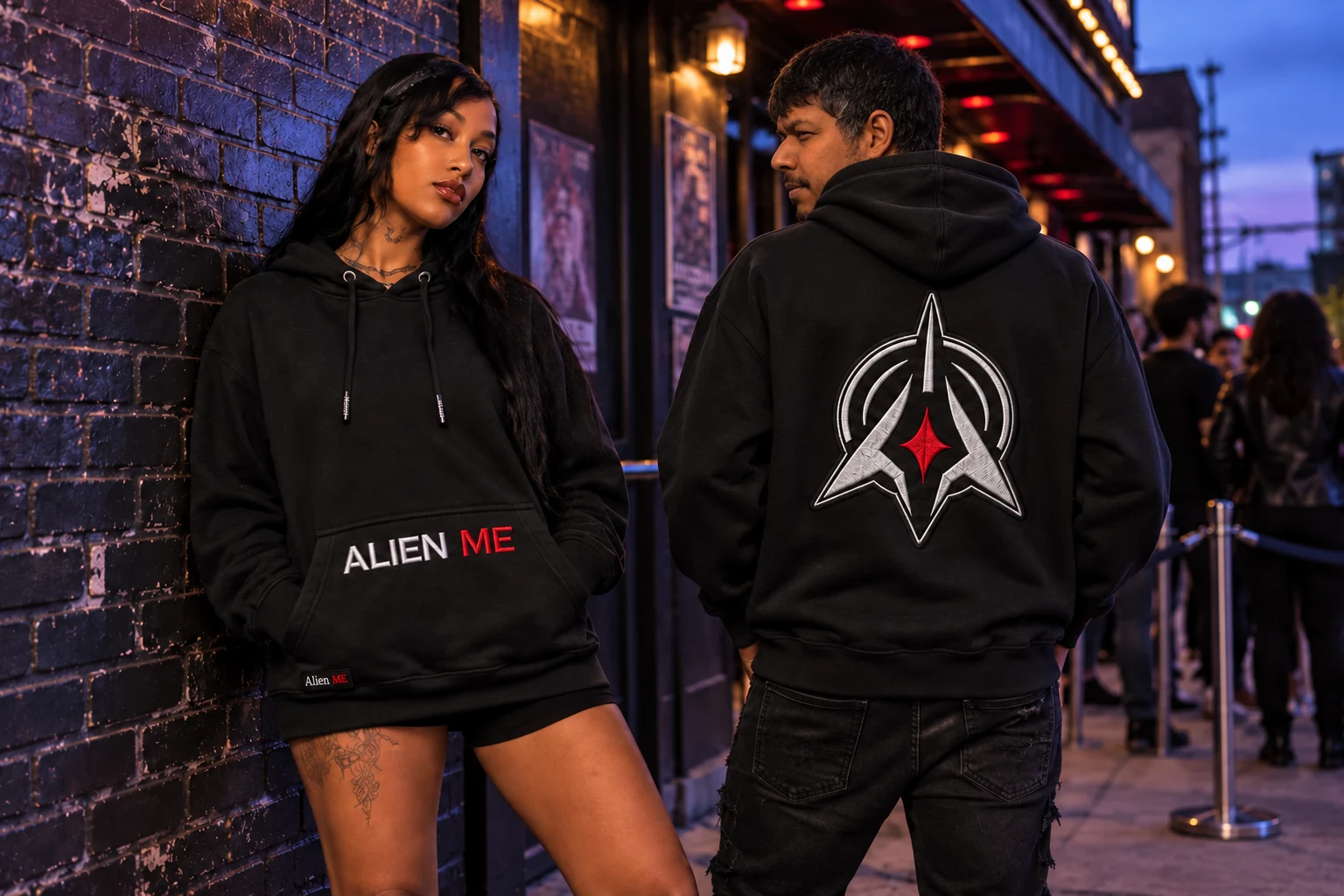 Female and male models wearing black AM Emblem Hoodies outside a music venue at dusk, showing the pocket wordmark and embroidered back emblem.