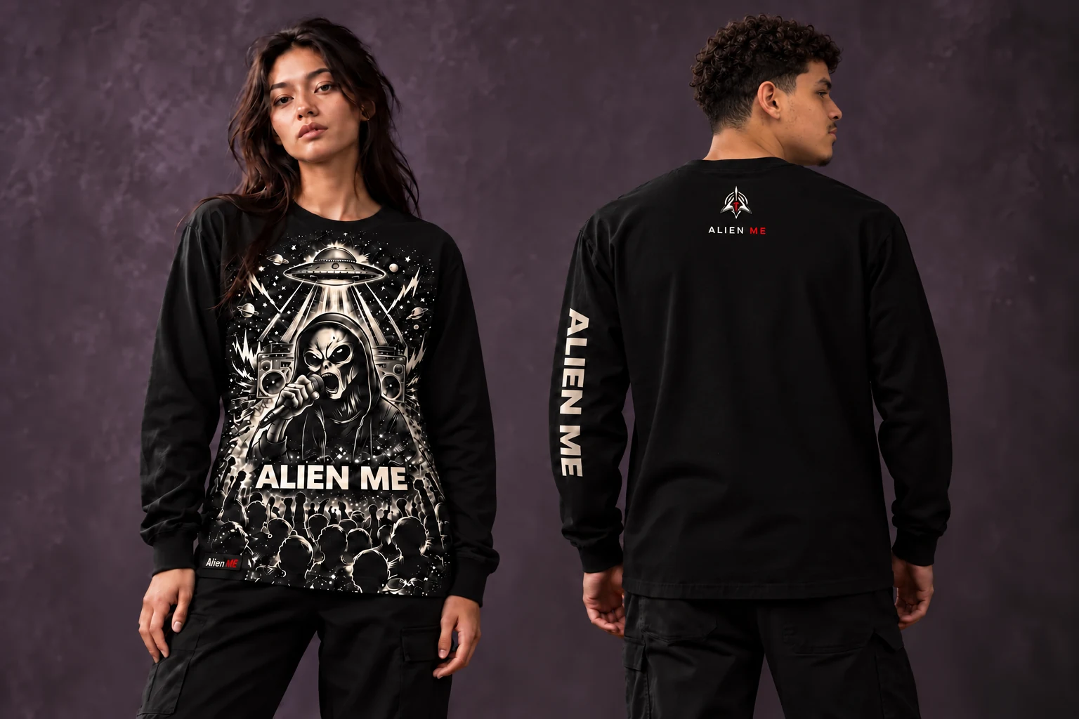 Female and male models showing the front graphic and back logo of the black ALIEN ME Performer Long Sleeve, with ALIEN ME sleeve lettering.