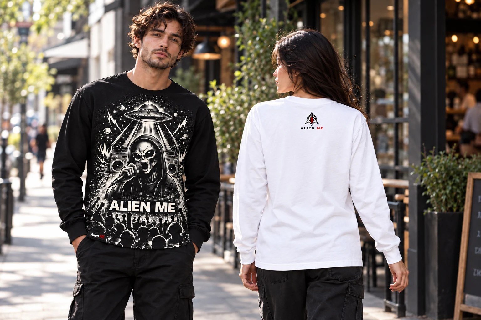 Two adult models wearing black and true white Performer Long Sleeves on a city sidewalk, showing the full-height front illustration down to the hem, plain sleeves and a small upper-back AM mark