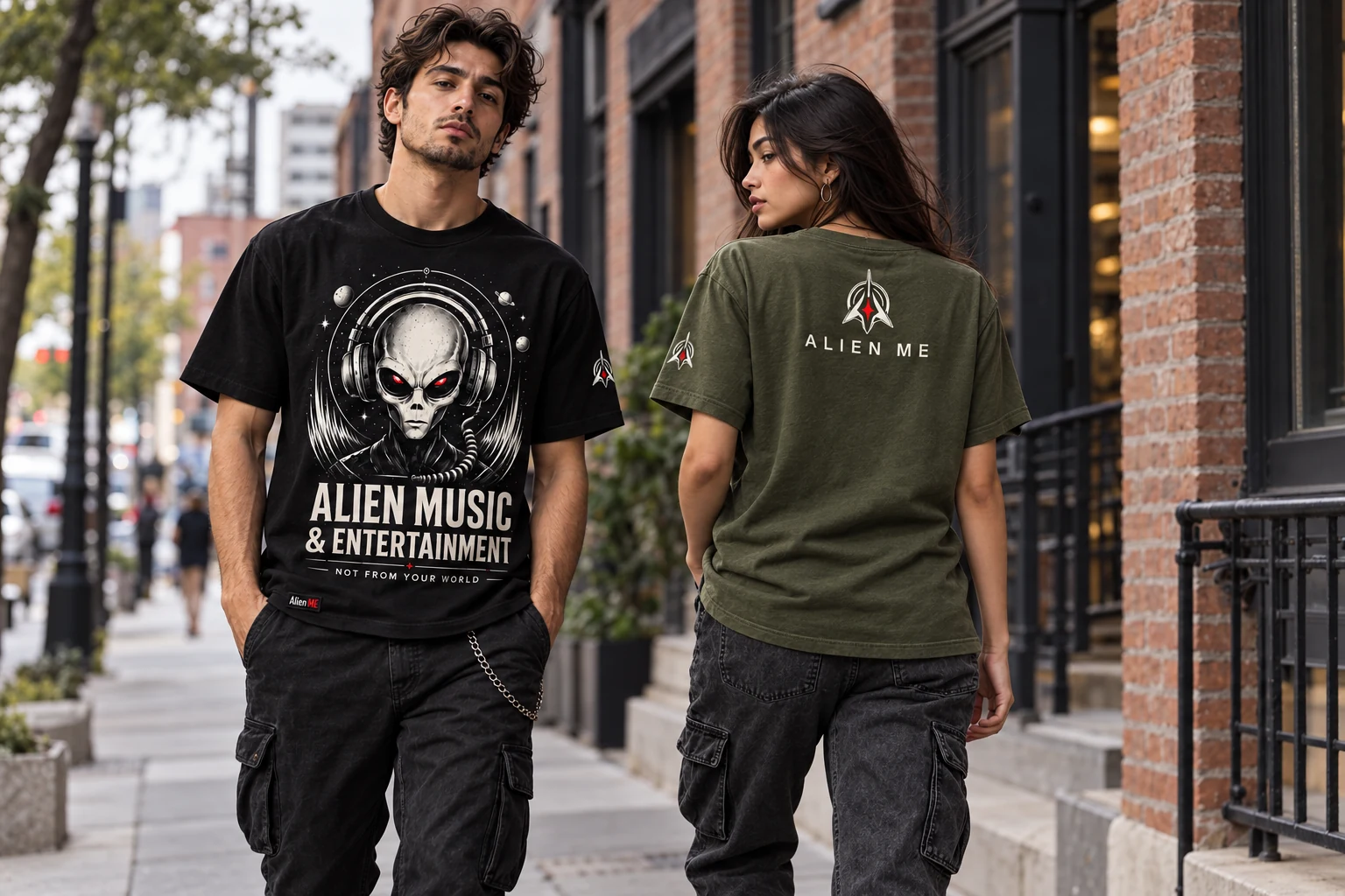 Two adult models wearing the Signature Alien Tee in black and olive on a city sidewalk, showing front and back