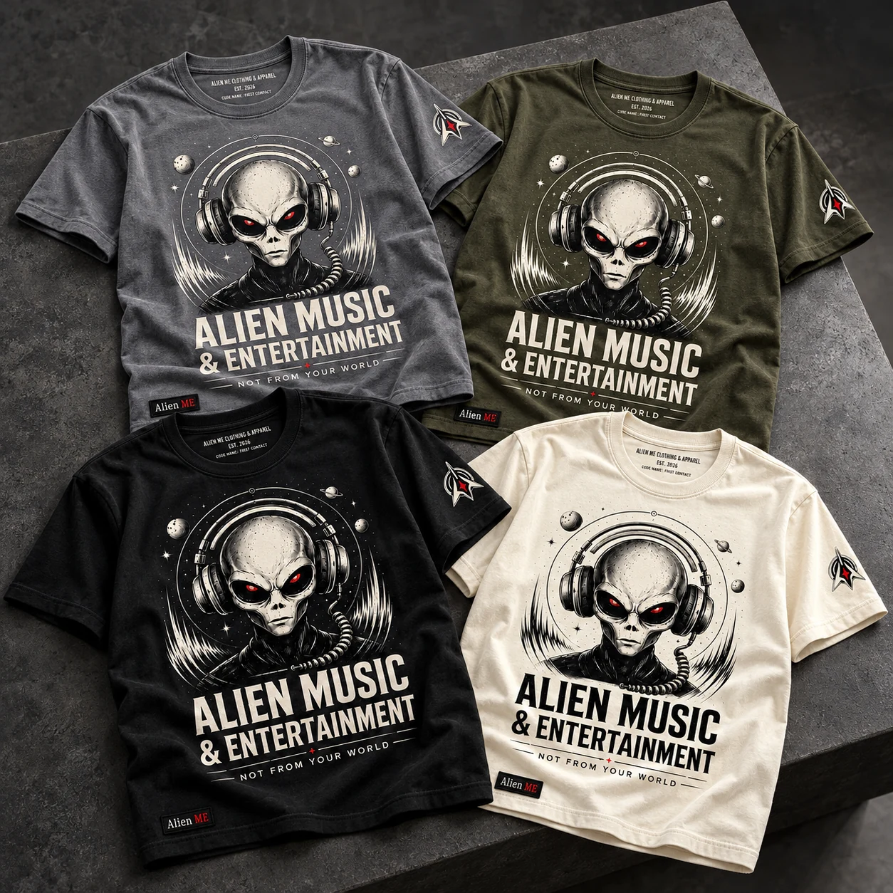 Signature Alien Tee in its four original colors: black, gray, olive and cream