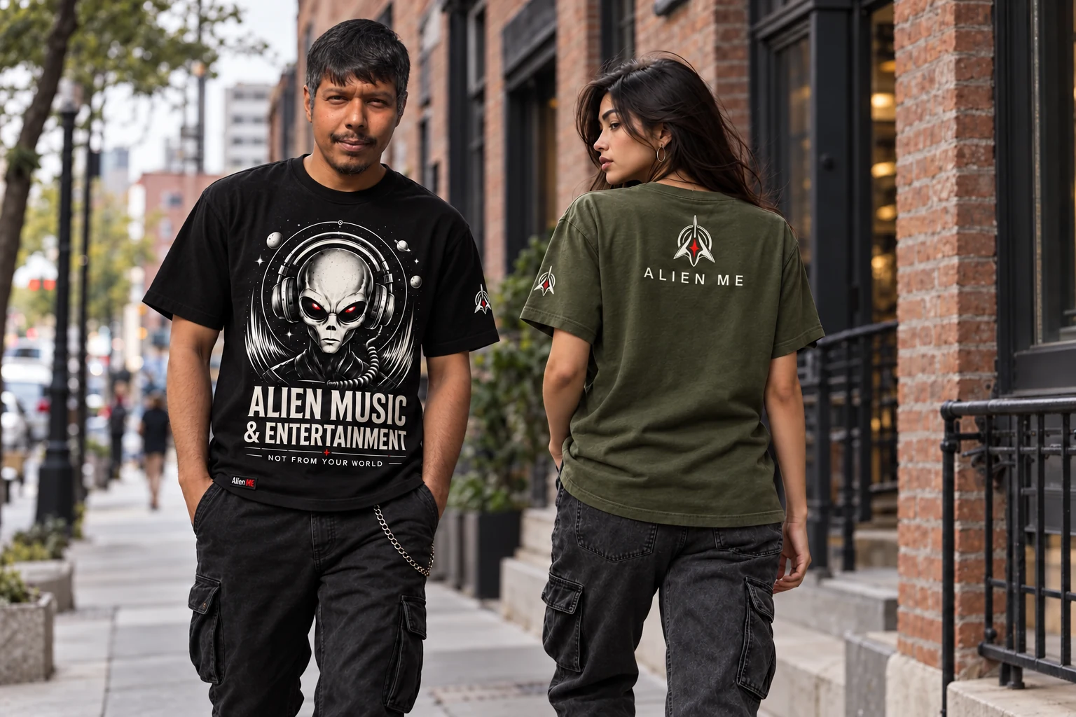 Male model wearing the black Beyond the Noise Tee beside a female model showing the back of the olive tee on a city sidewalk.