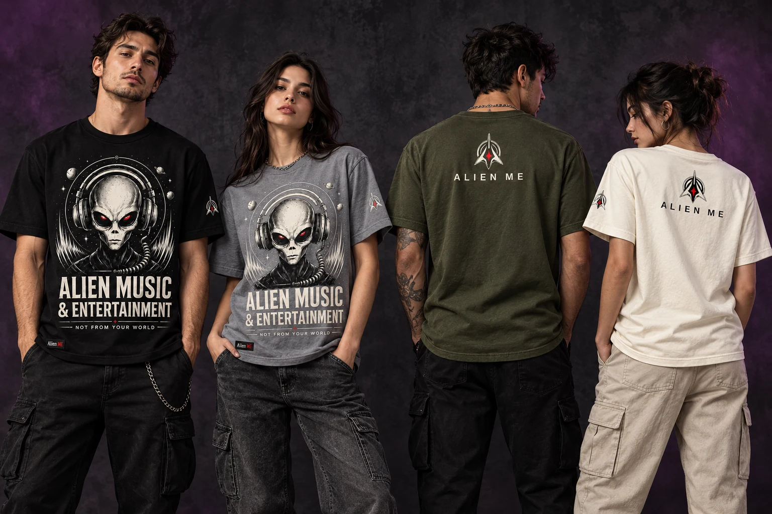 Four adult models wearing the Signature Alien Tee in Void Black, Static Gray, Signal Olive and Lunar Cream, showing front artwork, upper-back symbols and sleeve emblems