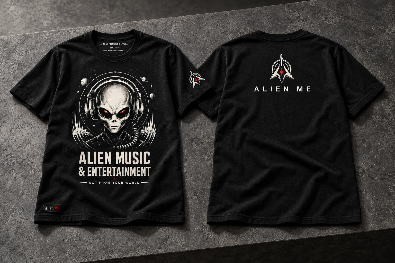 Black signature tee with headphone-alien artwork, front and back
