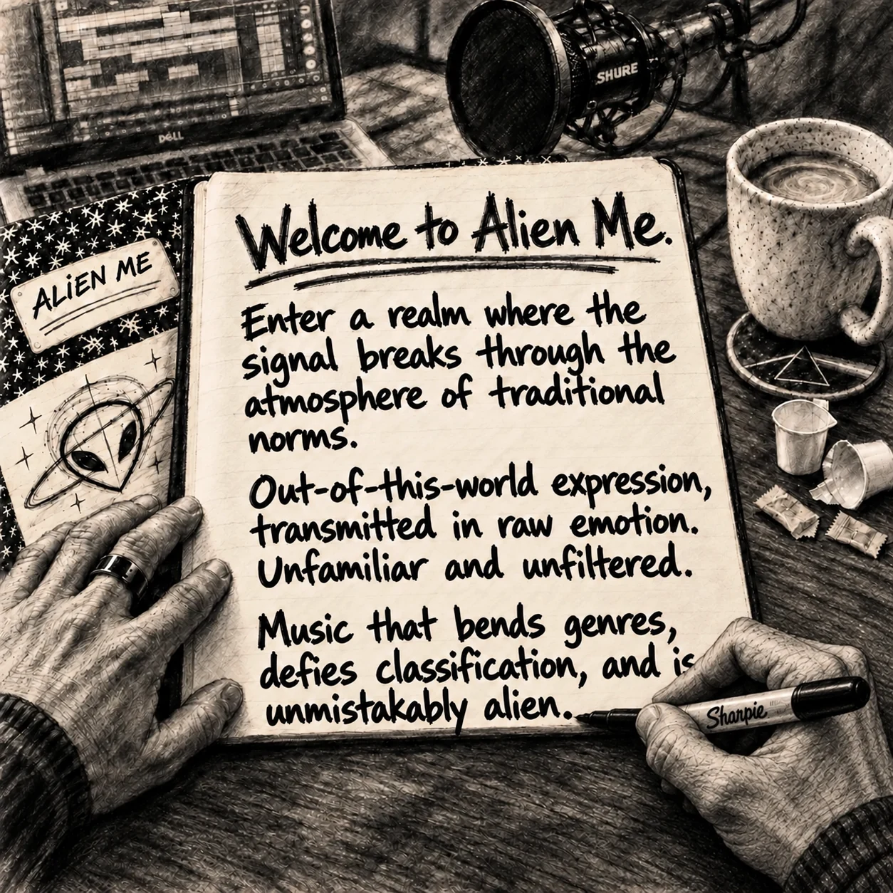 Charcoal sketch of hands writing the Welcome to Alien Me message in a notebook.