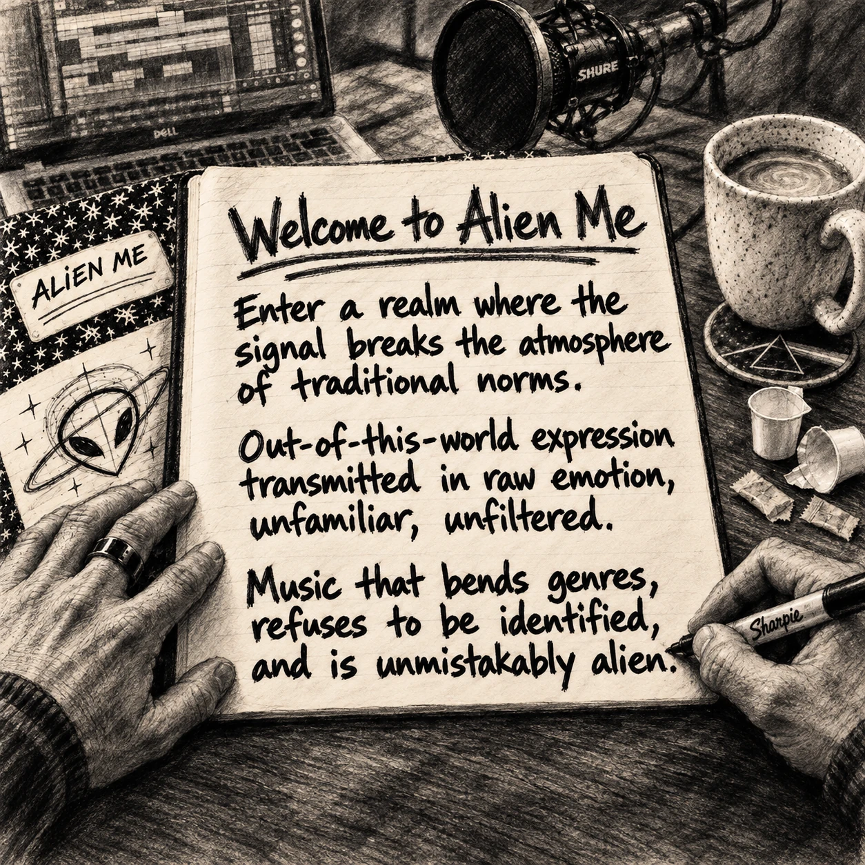 Charcoal sketch of hands writing the Welcome to Alien Me message in a notebook.
