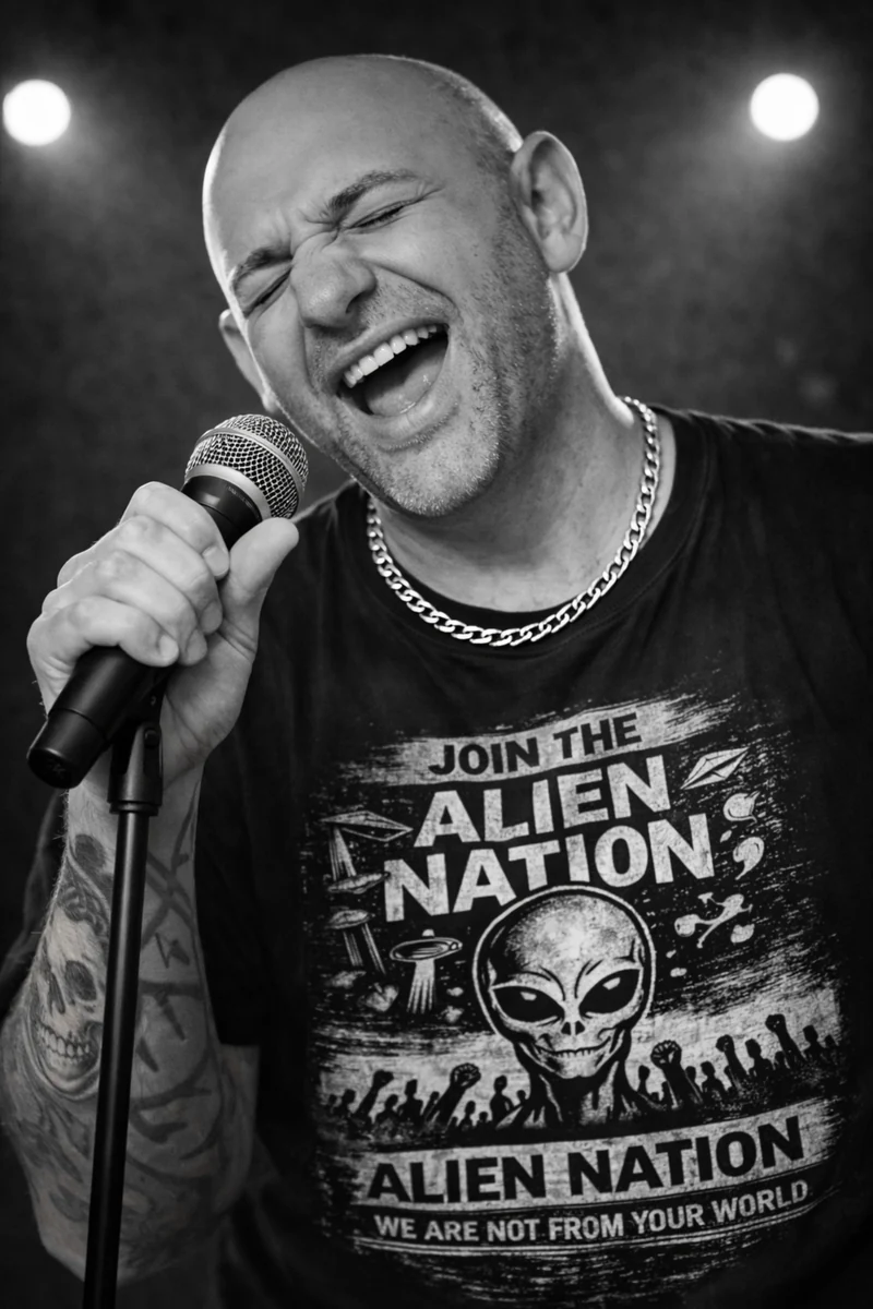 ALIEN ME performing into a microphone while wearing Alien Nation apparel
